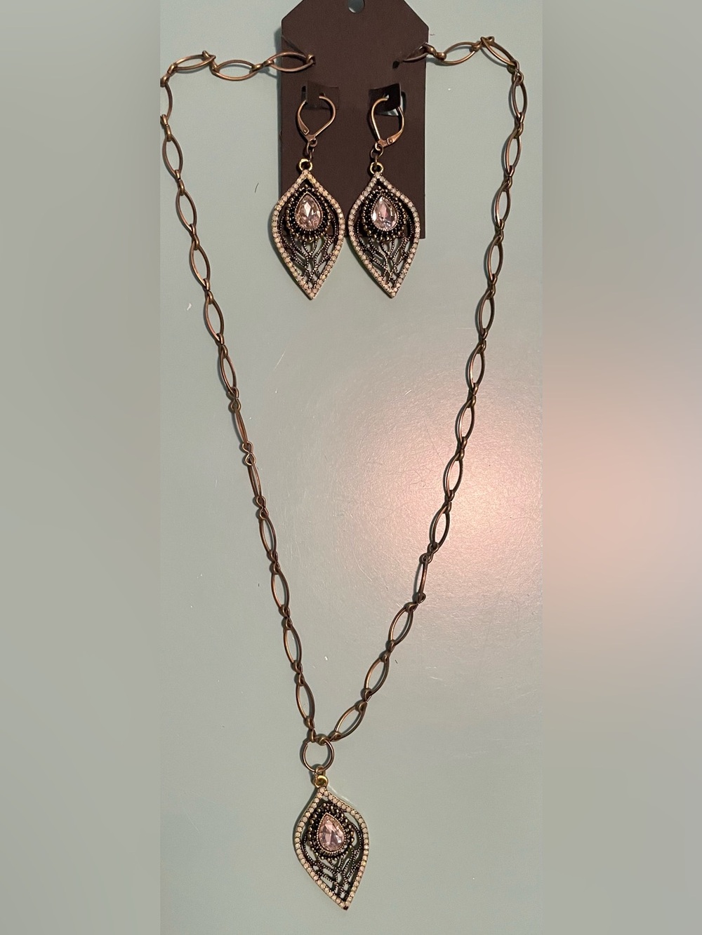 Bronze Filigree Necklace & Earrings Set with Green & Clear Crystal Accent